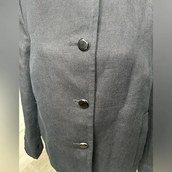 Talbots 100% Linen Collarless Button Down Black Lined Blazer Linen Jacket Sz 12