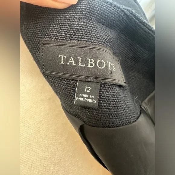 Talbots 100% Linen Collarless Button Down Black Lined Blazer Linen Jacket Sz 12