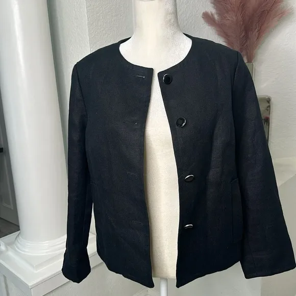 Talbots 100% Linen Collarless Button Down Black Lined Blazer Linen Jacket Sz 12
