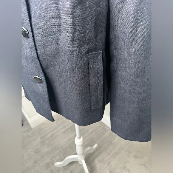 Talbots 100% Linen Collarless Button Down Black Lined Blazer Linen Jacket Sz 12