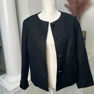 Talbots 100% Linen Collarless Button Down Black Lined Blazer Linen Jacket Sz 12