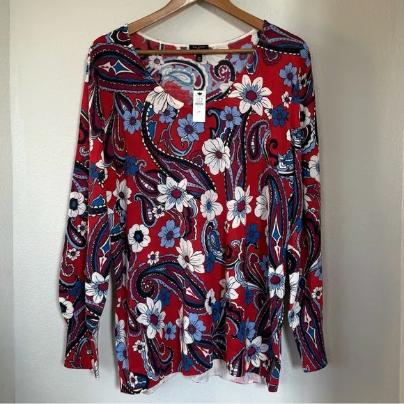 TALBOTS 2X NWT Lightweight Merino Wool Puff Sleeve Sweater Floral Paisley Bloom