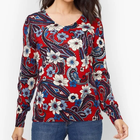 TALBOTS 2X NWT Lightweight Merino Wool Puff Sleeve Sweater Floral Paisley Bloom