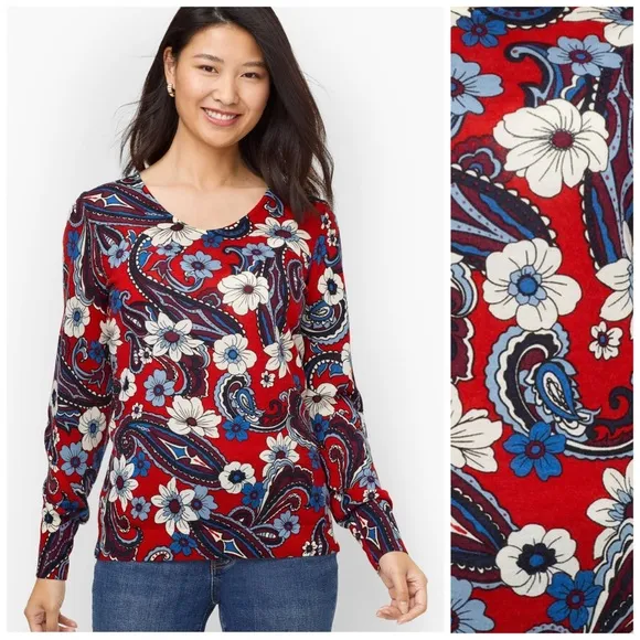 TALBOTS 2X NWT Lightweight Merino Wool Puff Sleeve Sweater Floral Paisley Bloom
