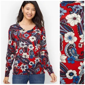 TALBOTS 2X NWT Lightweight Merino Wool Puff Sleeve Sweater Floral Paisley Bloom