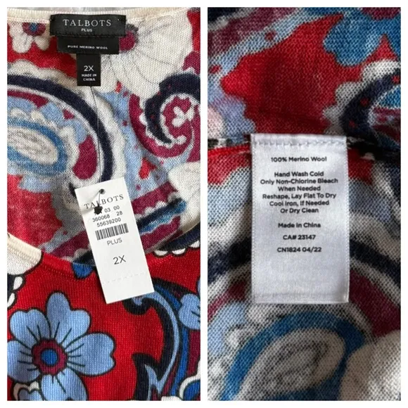 TALBOTS 2X NWT Lightweight Merino Wool Puff Sleeve Sweater Floral Paisley Bloom