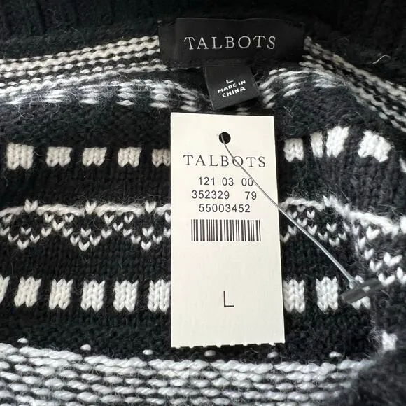Talbots Black Crewneck knit  Sweater  Spirited Fair Isle lightweight size L