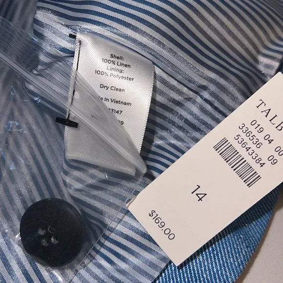 Talbots Blue Classic Linen Blazer Size 14 NWT