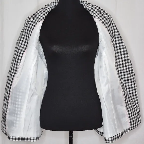 Talbots Classic Blazer Linen / Cotton Blend B&amp;W Gingham NWOT *Flaw - Size 14WP