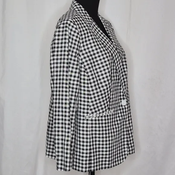 Talbots Classic Blazer Linen / Cotton Blend B&amp;W Gingham NWOT *Flaw - Size 14WP