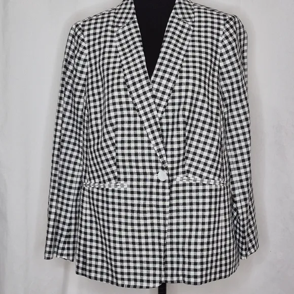 Talbots Classic Blazer Linen / Cotton Blend B&amp;W Gingham NWOT *Flaw - Size 14WP
