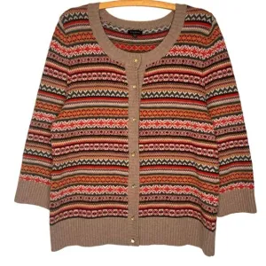 Talbots Fair Isle Wool Blend Cardigan Size XL Classic Autumn Sweater 3/4 Sleeve