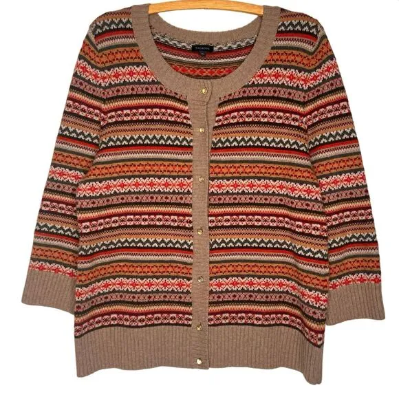 Talbots Fair Isle Wool Blend Cardigan Size XL Classic Autumn Sweater 3/4 Sleeve
