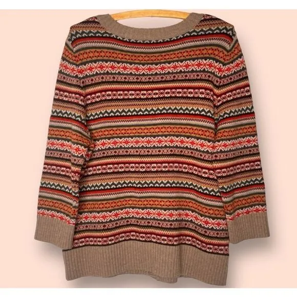 Talbots Fair Isle Wool Blend Cardigan Size XL Classic Autumn Sweater 3/4 Sleeve