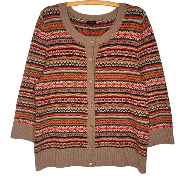 Talbots Fair Isle Wool Blend Cardigan Size XL Classic Autumn Sweater 3/4 Sleeve