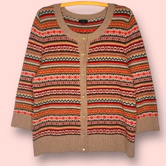 Talbots Fair Isle Wool Blend Cardigan Size XL Classic Autumn Sweater 3/4 Sleeve