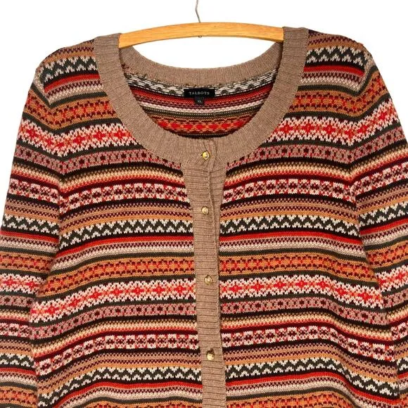 Talbots Fair Isle Wool Blend Cardigan Size XL Classic Autumn Sweater 3/4 Sleeve