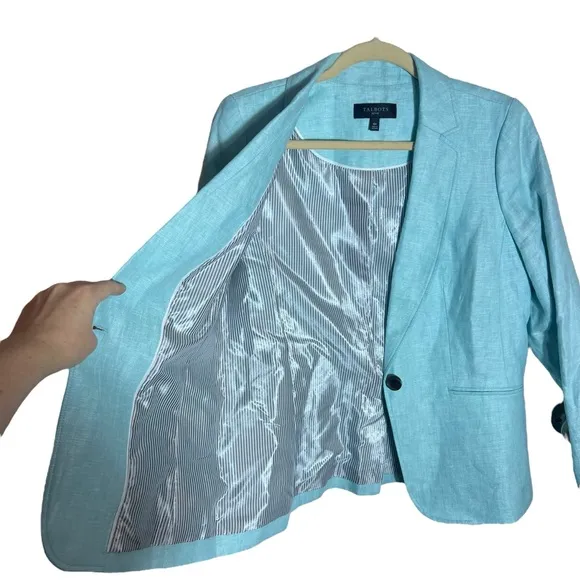 Talbots Long Linen Blazer Aqua, NWT, Size 10P