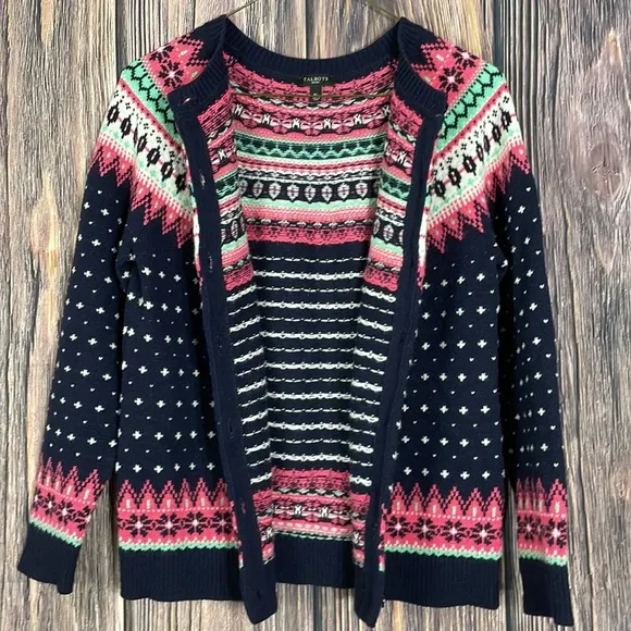 Talbots Womens Medium Lambs Wool Blend Fair Isle Button Front Cardigan size PM