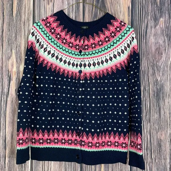 Talbots Womens Medium Lambs Wool Blend Fair Isle Button Front Cardigan size PM