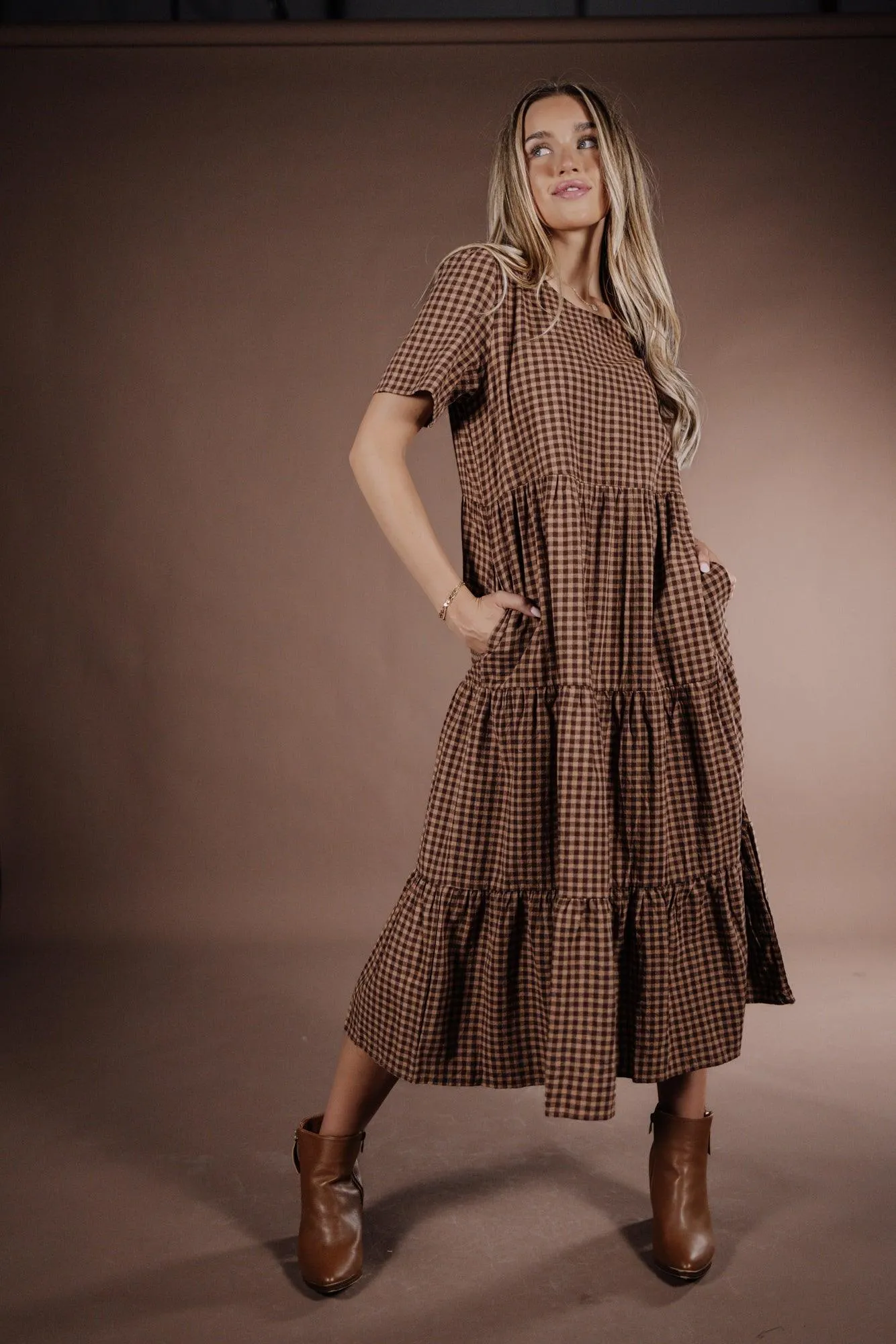 Taryn Gingham Dress in Brown
