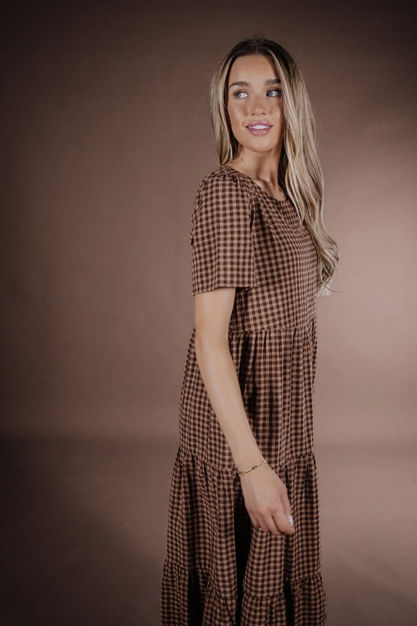 Taryn Gingham Dress in Brown