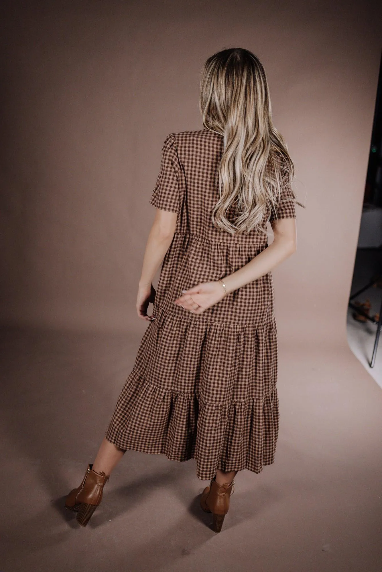 Taryn Gingham Dress in Brown
