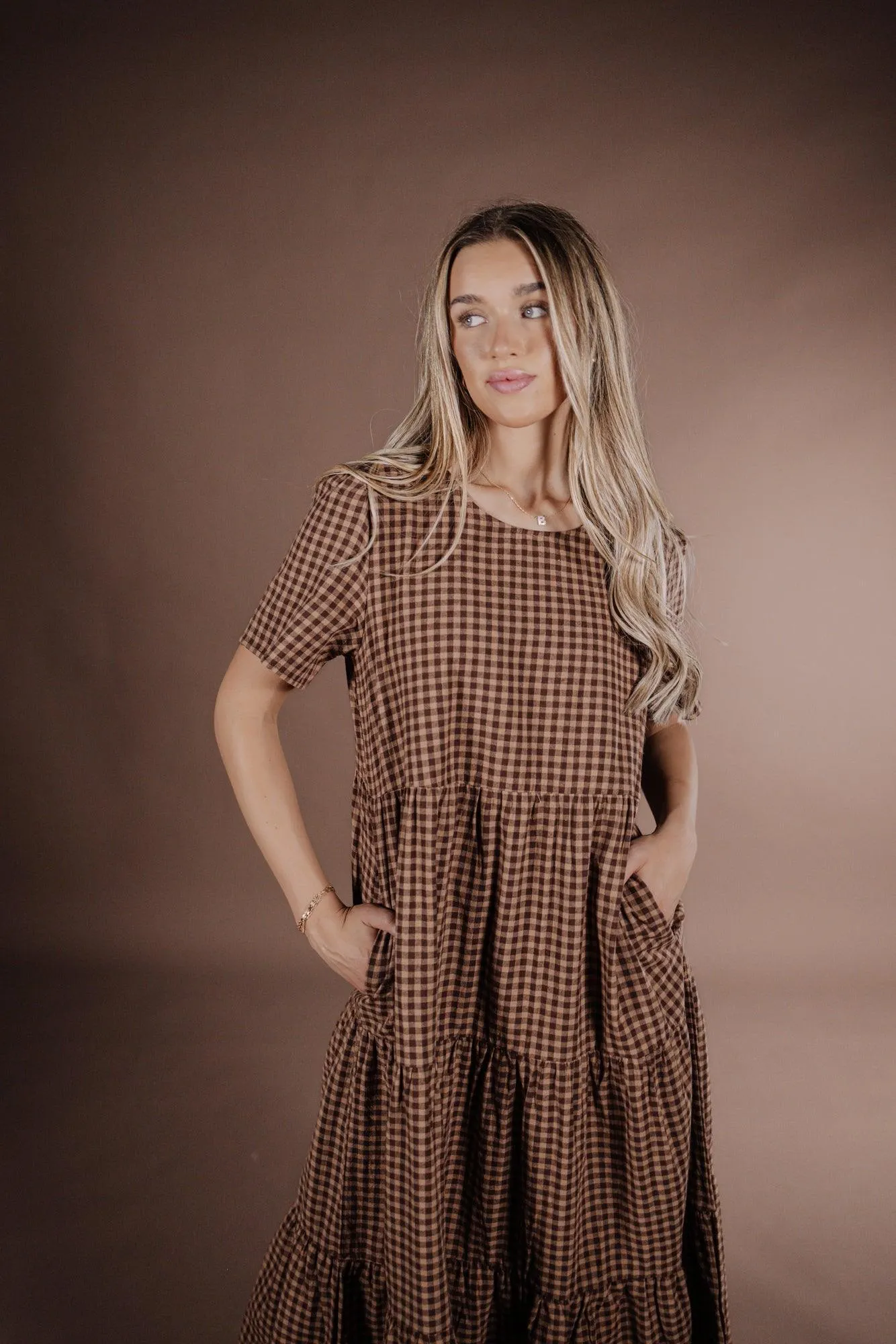 Taryn Gingham Dress in Brown