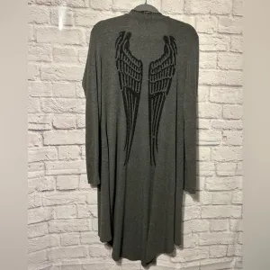 The Pyramid Collection Gray Duster Cardigan Beaded Black Angel Wings Size Large