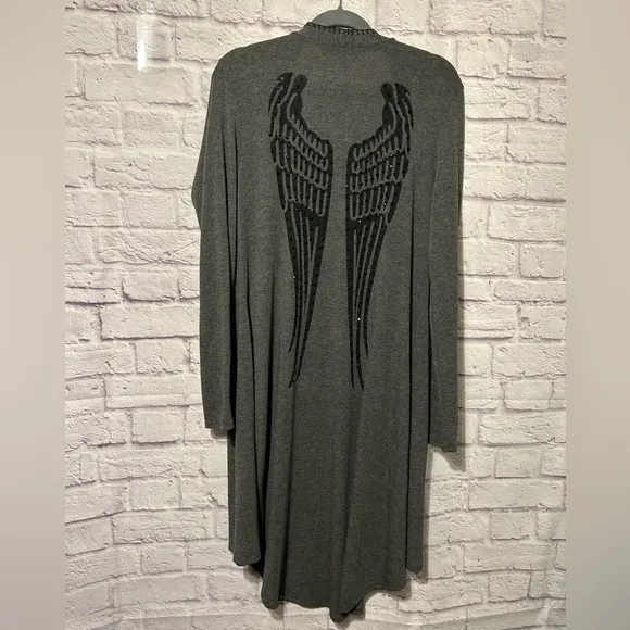 The Pyramid Collection Gray Duster Cardigan Beaded Black Angel Wings Size Large