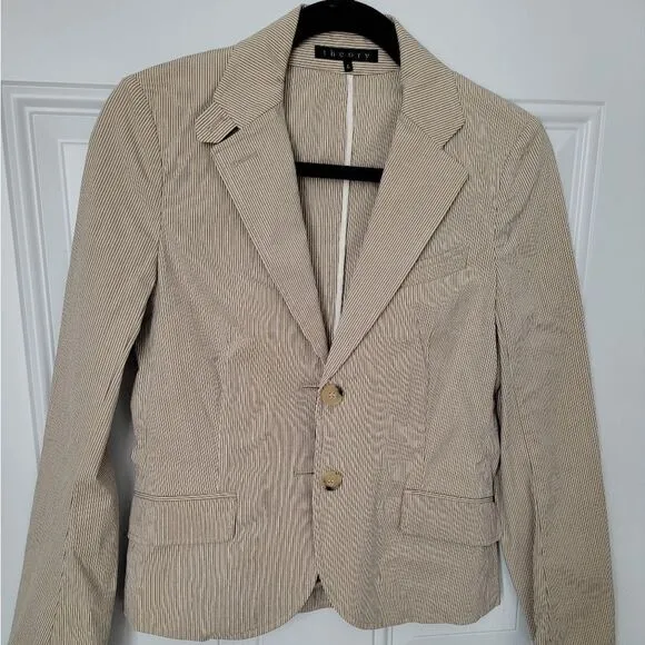 THEORY beige stripe seersucker blazer size 6