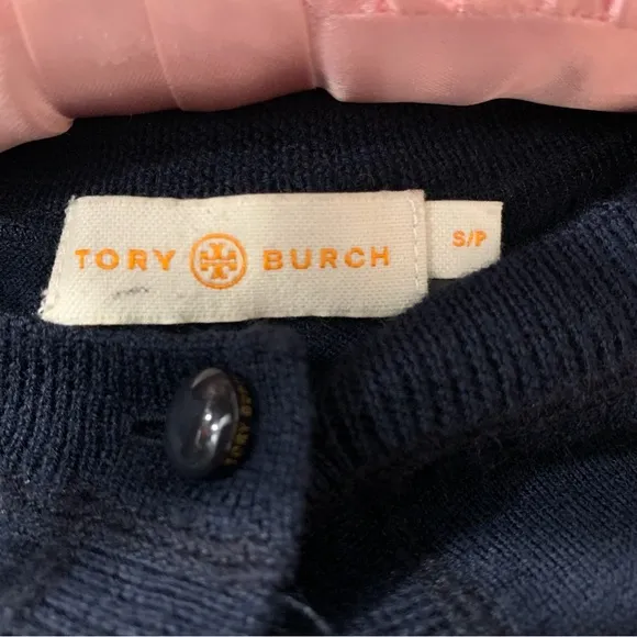 TORY BURCH BLUE MERINO WOOL LONG SLEEVE CREW NECK BUTTON UP CARDIGAN SWEATER
