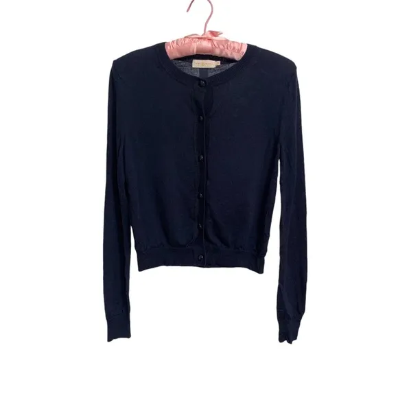 TORY BURCH BLUE MERINO WOOL LONG SLEEVE CREW NECK BUTTON UP CARDIGAN SWEATER