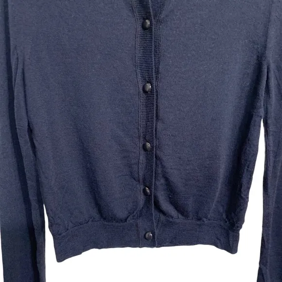 TORY BURCH BLUE MERINO WOOL LONG SLEEVE CREW NECK BUTTON UP CARDIGAN SWEATER