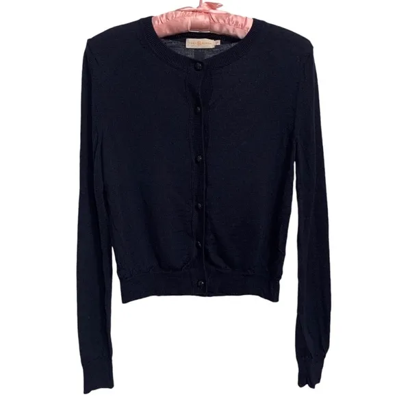 TORY BURCH BLUE MERINO WOOL LONG SLEEVE CREW NECK BUTTON UP CARDIGAN SWEATER