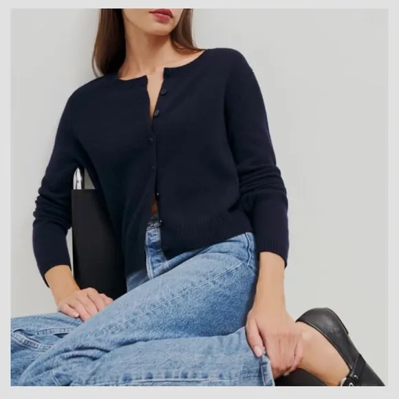TORY BURCH BLUE MERINO WOOL LONG SLEEVE CREW NECK BUTTON UP CARDIGAN SWEATER