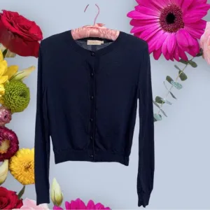 TORY BURCH BLUE MERINO WOOL LONG SLEEVE CREW NECK BUTTON UP CARDIGAN SWEATER