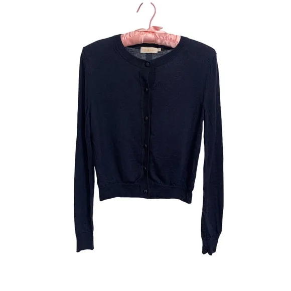 TORY BURCH BLUE MERINO WOOL LONG SLEEVE CREW NECK BUTTON UP CARDIGAN SWEATER