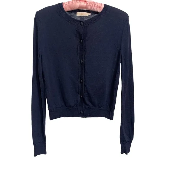 TORY BURCH BLUE MERINO WOOL LONG SLEEVE CREW NECK BUTTON UP CARDIGAN SWEATER