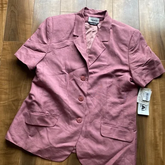Tribal Mauve short sleeve blazer three button front career linen blend new 16