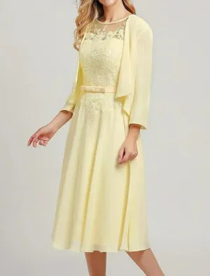 Two Piece A-line Scoop Neck Midi Chiffon Sleeveless Mother of Bride Dress, Wrap