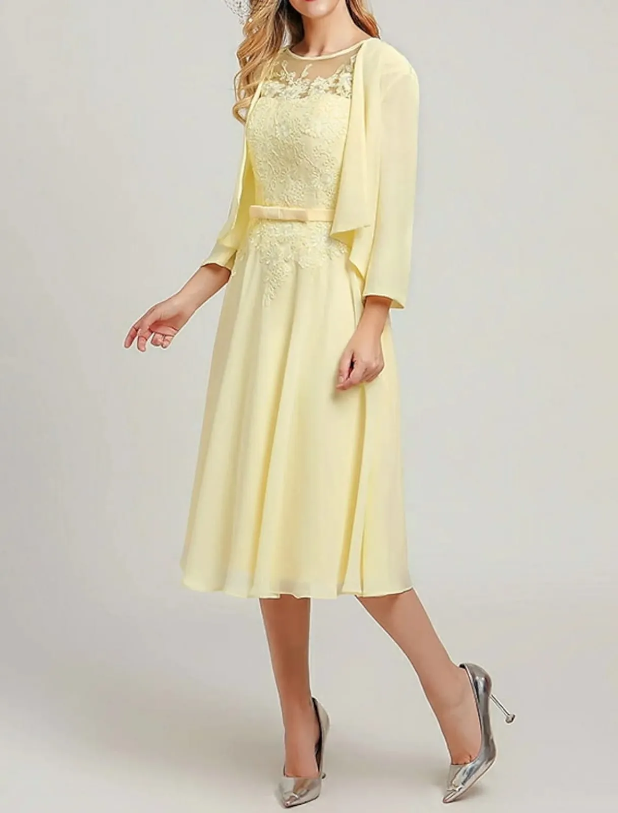 Two Piece A-line Scoop Neck Midi Chiffon Sleeveless Mother of Bride Dress, Wrap
