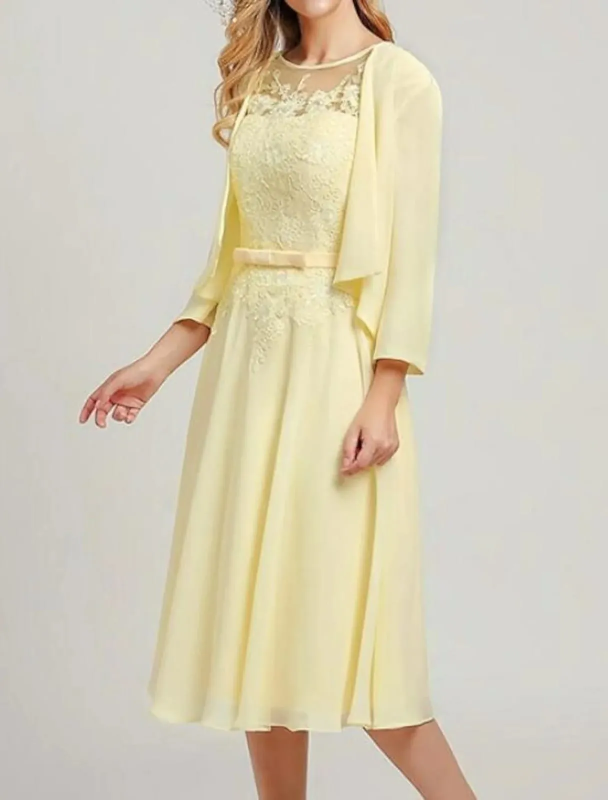 Two Piece A-line Scoop Neck Midi Chiffon Sleeveless Mother of Bride Dress, Wrap