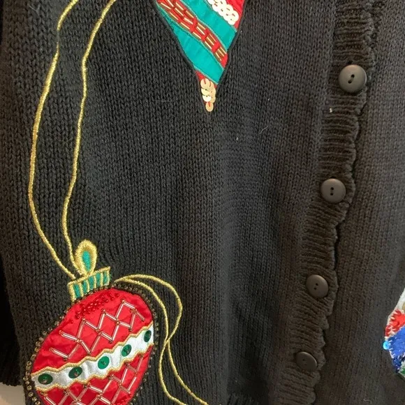 Ugly Christmas Sweater Cardigan Buttons Up Oversized Sequin Ornaments XMAS L/XL