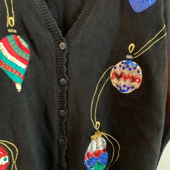 Ugly Christmas Sweater Cardigan Buttons Up Oversized Sequin Ornaments XMAS L/XL