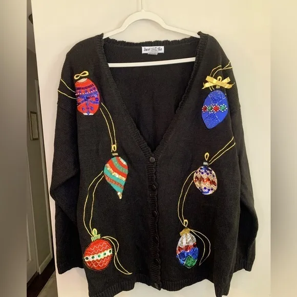 Ugly Christmas Sweater Cardigan Buttons Up Oversized Sequin Ornaments XMAS L/XL