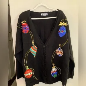 Ugly Christmas Sweater Cardigan Buttons Up Oversized Sequin Ornaments XMAS L/XL