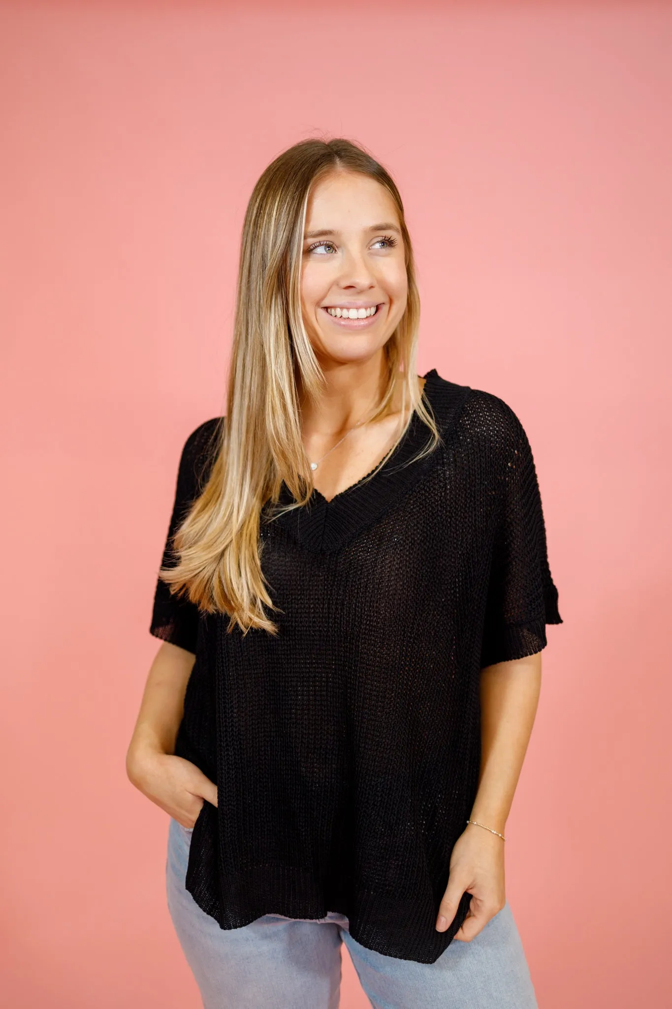 V-Neck Knit Top, BLACK
