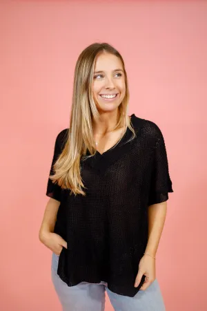 V-Neck Knit Top, BLACK