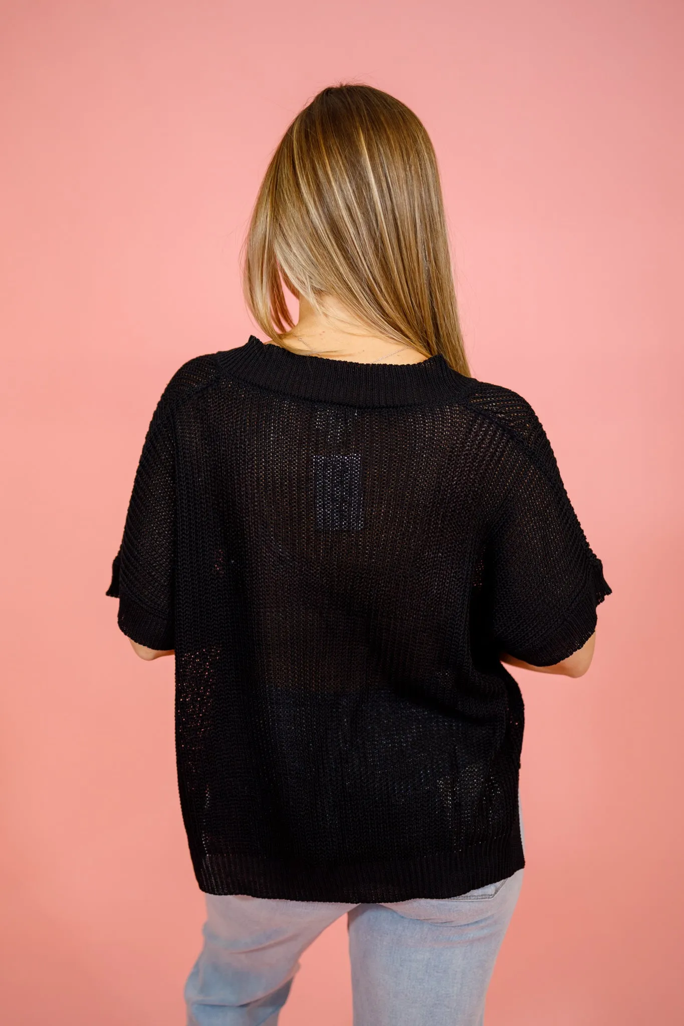 V-Neck Knit Top, BLACK